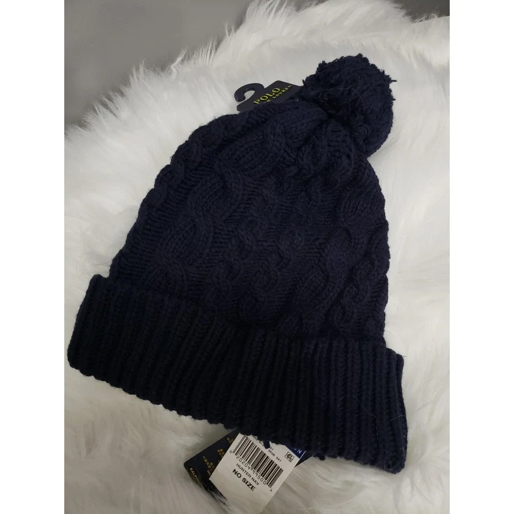 NEW One Size Polo Ralph Lauren Cable-Knit Pom-Pom Beanie mens winter hat navy